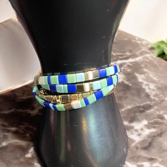 J Crew Enamel Tile Stretch Bracelet Set Blue Green Gold Boho Stacking Jewelry - Picture 1 of 7